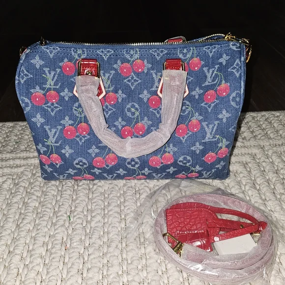 CUTE DENIM BAG Large SPEEDY Denim Cherries LV X TM MURAKAMI - Picture 1 of 17